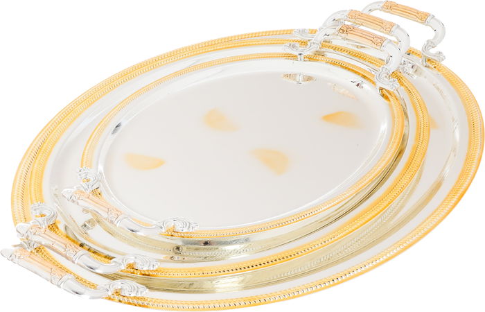 Al Saif Gallery steel tray set, 3 pieces, oval, gold-silver engraved product image 1