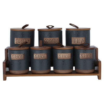 طقم علب بهارات زجاج السيف غاليري، بغطاء، بستاند خشبي، 7 حبات - رمادي غامق product image 1