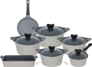 طقم قدور ألمنيوم مطلي سيراميك ايني نيوفلام، 12 قطعة، بغطاء زجاج - بيج product image 1