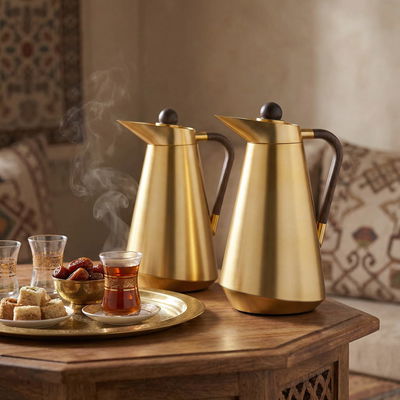 طقم ترامس طريف السيف غاليري، 1/0.7 لتر، حافظة داخلية زجاج، يد خشبي غامق، غطاء ضغاط - ذهبي product image 2