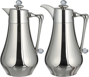Al Saif Gallery Al Dana 2 Thermos Set, 1/1 Liter, 2 Pieces, Glass Inner Container, Stainless Steel Outer Body, Push Button - Transparent Shiny Silver product image 2