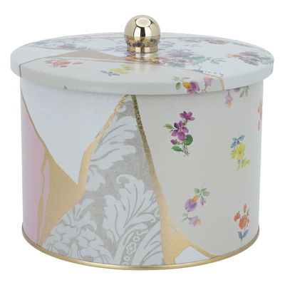Al Saif Gallery steel can, 2.9 litres, round, with lid, floral pattern - white product image 1