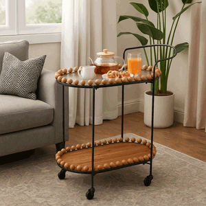 عربة تقديم الطعام معدن و خشب، 84×40×70 سم، 2 رف، عجلات دوارة 360 - اسود بني product image 2