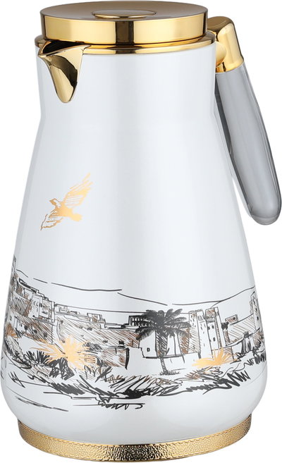 AsalAl Saif Gallery Thermos Set, 0.75/1 Liter, 2 Pieces, Glass Inner Container, Stainless Steel Outer Body, Push Button, Transparent Handle - Pearl White Gold product image 5