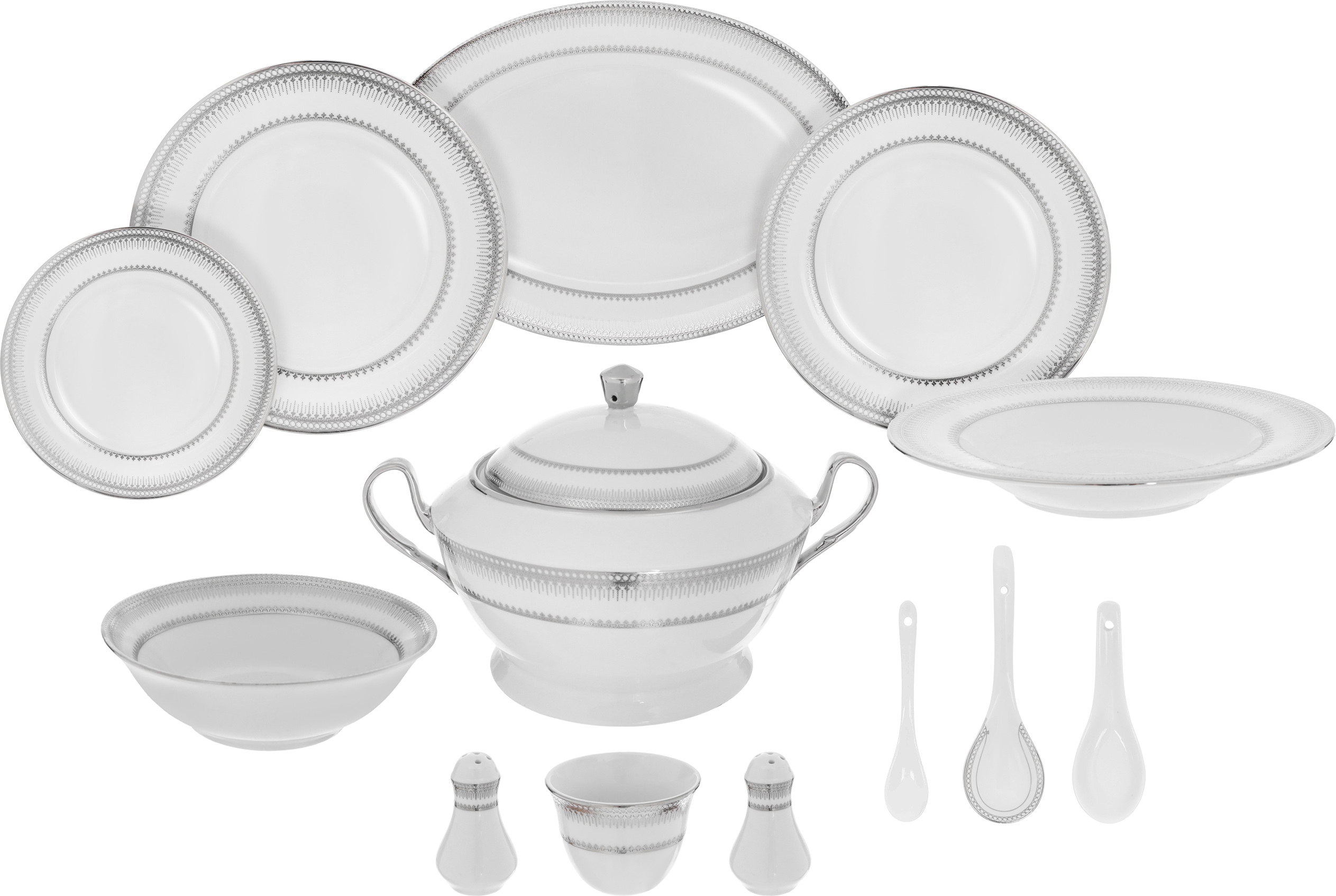 طقم سفرة بورسلان ريدج، 110 قطعة - ابيض فضي product image