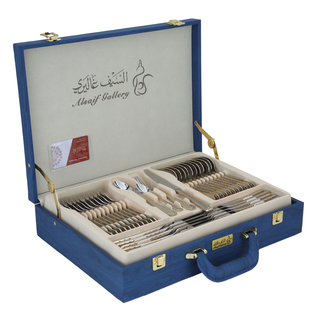 Al Saif Gallery steel spoon set, blue leather bag, 72 pieces - silver product image