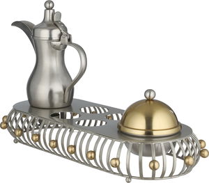 طقم ضيافة ستانلس ستيل السيف غاليري، تمرية، ستاند فناجين ودلة قهوة بقاعدة، كرة ذهبي - فضي product image