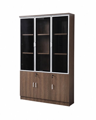 OW-110 MDF wood storage and display cabinet, 190×120×32 cm, 6 doors, 3 glass top doors, 3 wooden bottom doors, metal handles - Brown product image 2