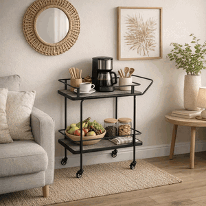 عربة تقديم الطعام خشب و معدن، 83×40×80 سم، 2 رف، عجلات دوارة 360 - رمادي product image 2