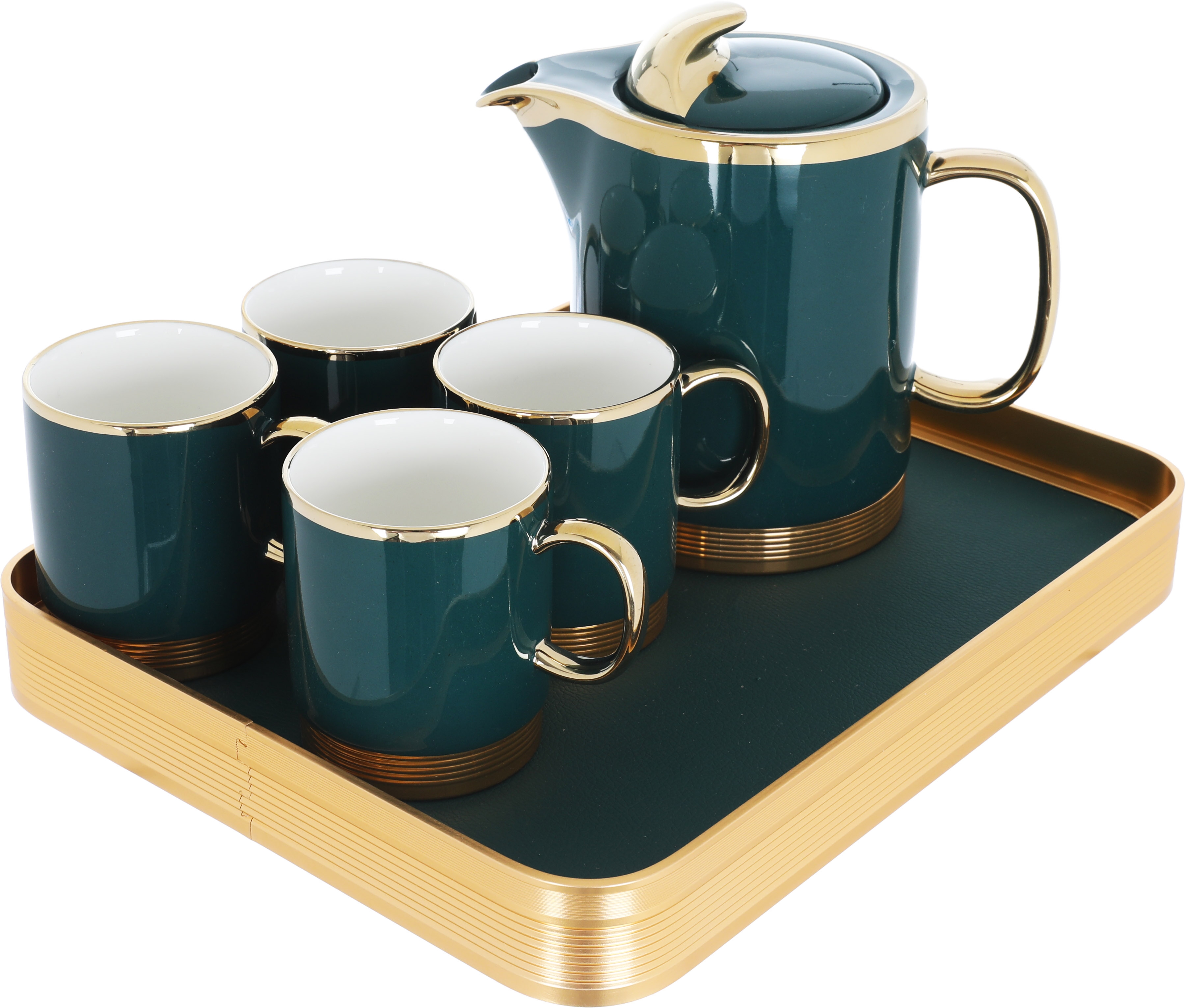 Al Saif Gallery Empire Porcelain Tea Serving Set, 250 ml/1 liter, Jug, 4 Cups, Tofaria - Golden Green product image 1