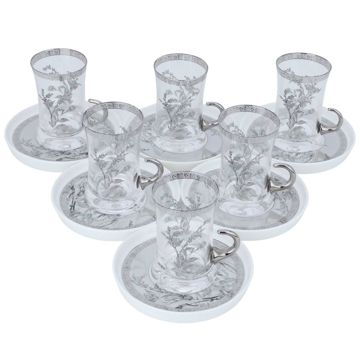 Al Saif Gallery glass tea set with porcelain plate, 12 pieces, floral pattern - transparent silver product image 2