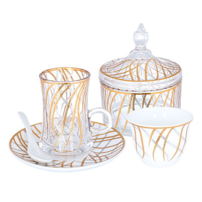 طقم تقديم بيالات وفناجين قهوة مع الصحن زجاج السيف غاليري، 26 قطعة، نقش ذهبي - أبيض product image 1
