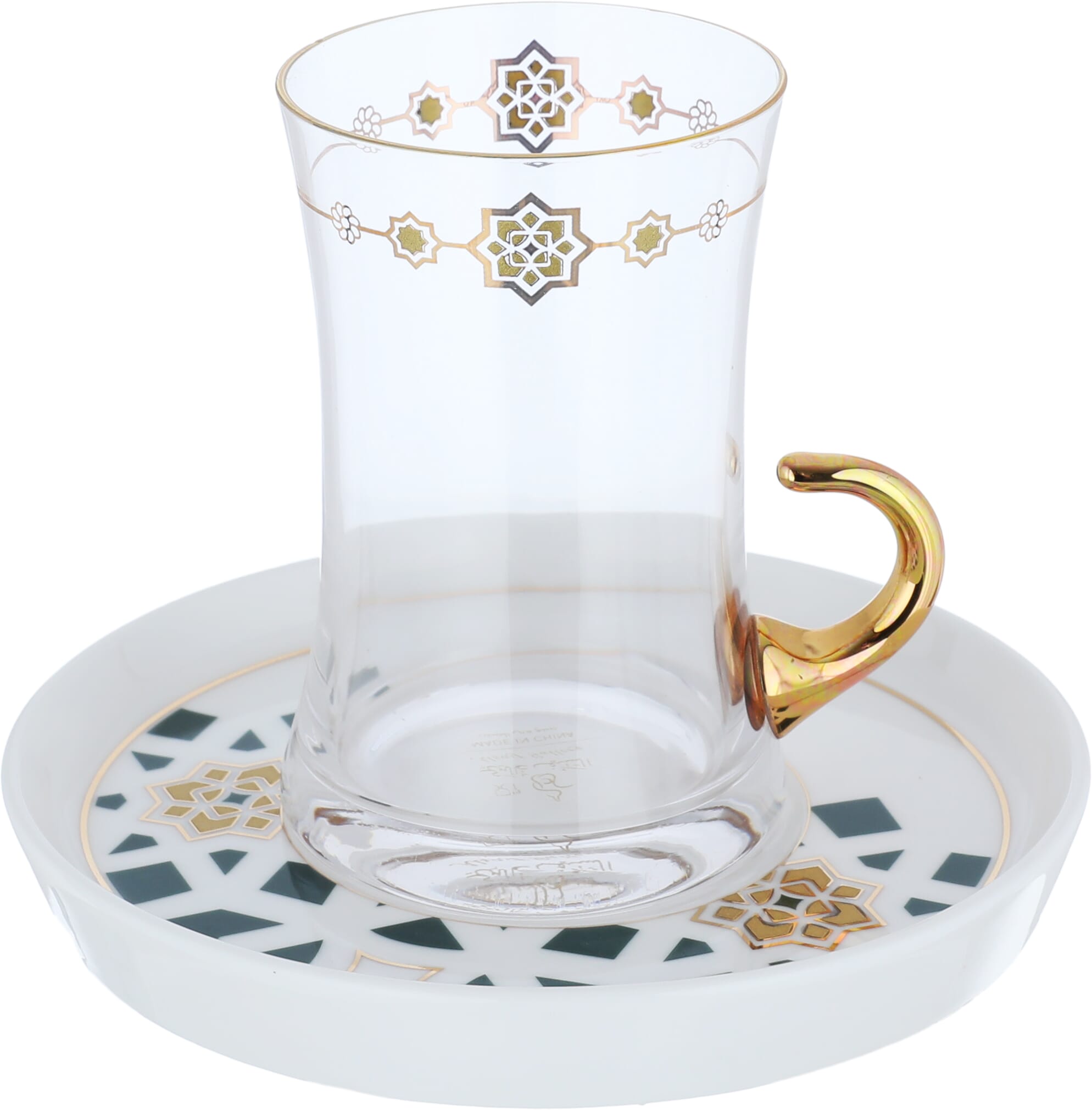 طقم بيالات شاي زجاج السيف غاليري، صحن بورسلان نقش أخضر بذهبي، 12 قطعة - أبيض product image 2