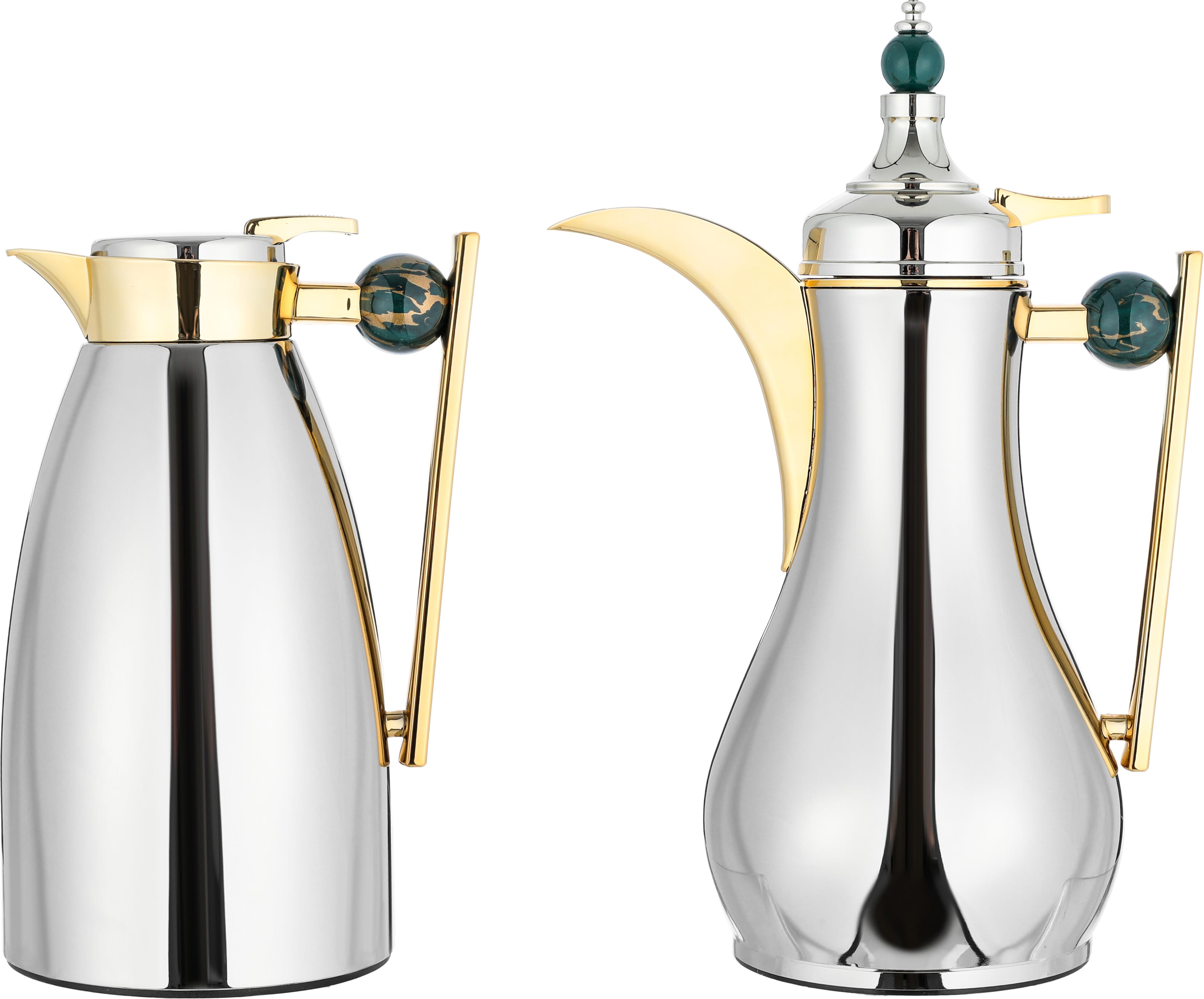 Al Saif Gallery thermos set, 1 liter, golden handle, thermal glass inner case, steel outer body - silver product image