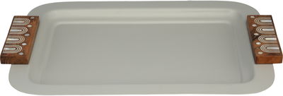 Al Saif Gallery stainless steel serving tray, 41x31x2.5 cm, wooden handle, rectangular - light wood gray product image 1