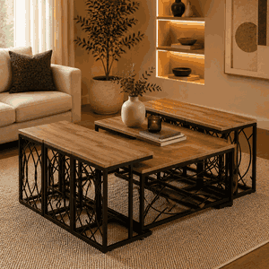 طقم طاولات خشب MDF و معدن، 7 قطع - اسود بني product image