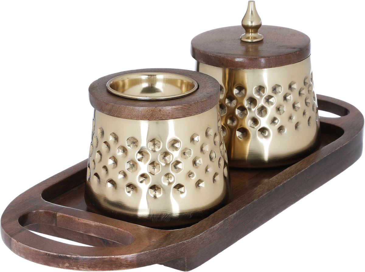 طقم مبخرة وعلبة بخور استيل السيف غاليري، بقاعدة خشب مع يدين، 3 قطع - ذهبي product image 5