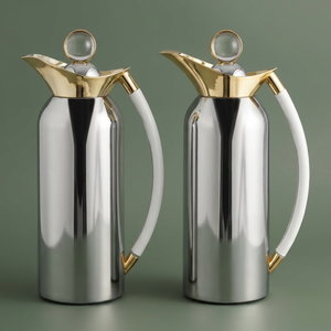 Al Saif Gallery Al Thuraya Thermos Set, 2 Pieces, 1/1 Liter, glass interior, transparent handle, push-button lid - silver gold product image