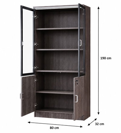 OW-110 MDF wood storage and display cabinet, 190×80×32 cm, 4 doors, 2 glass tops, 2 wooden bottoms, metal handles - Dark Grey product image 3