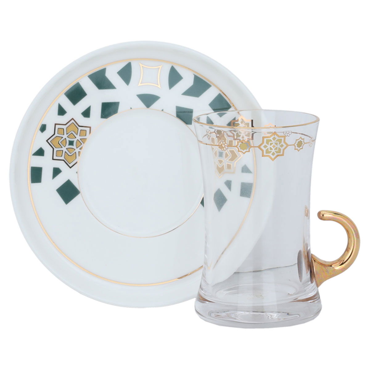 طقم بيالات شاي زجاج السيف غاليري، صحن بورسلان نقش أخضر بذهبي، 12 قطعة - أبيض product image