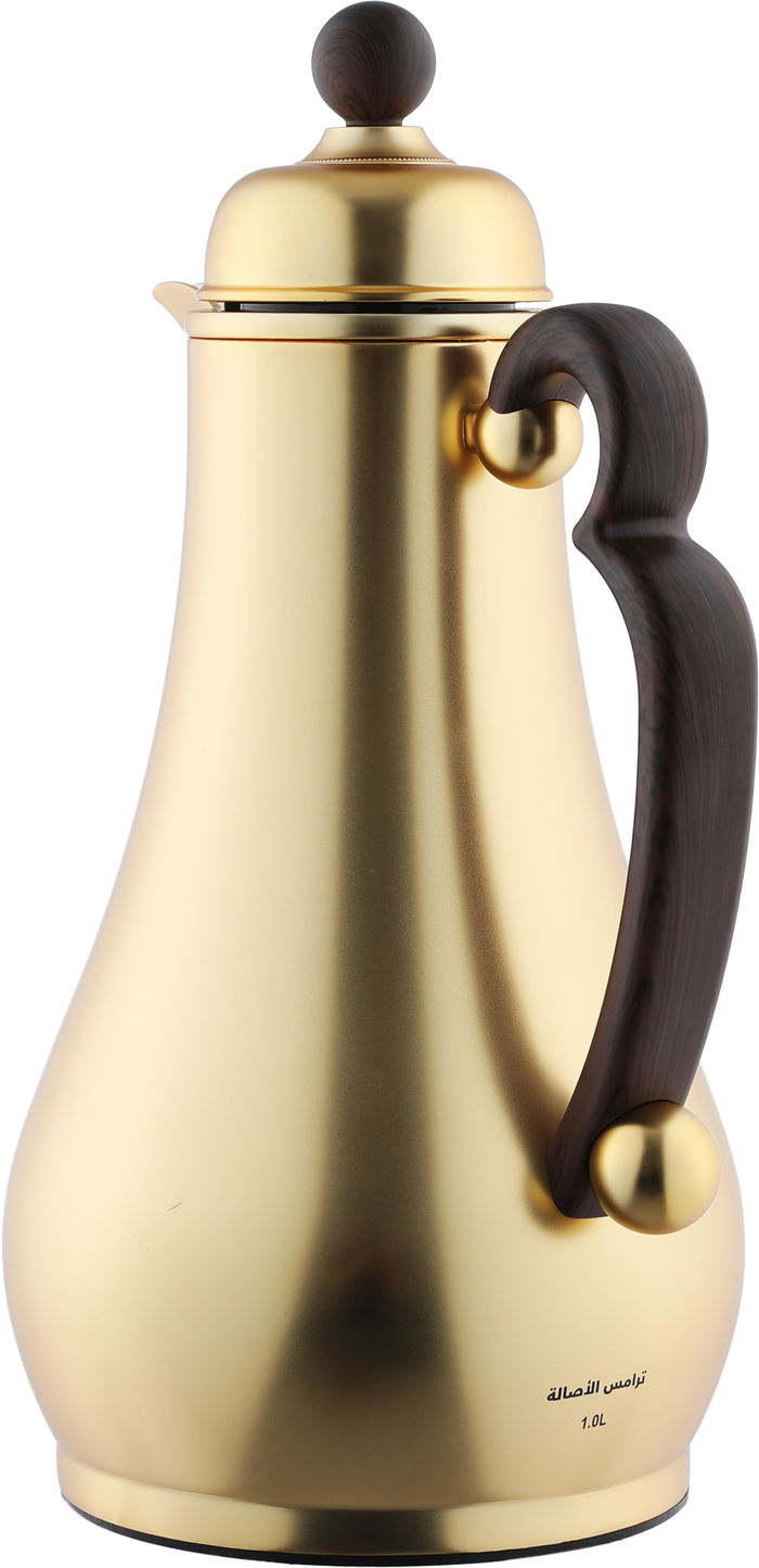 Alsaif Gallery Al-Asalah Thermos Set, 1/1 liter, glass interior, stainless steel exterior, dark wooden handle, press - gold product image 3