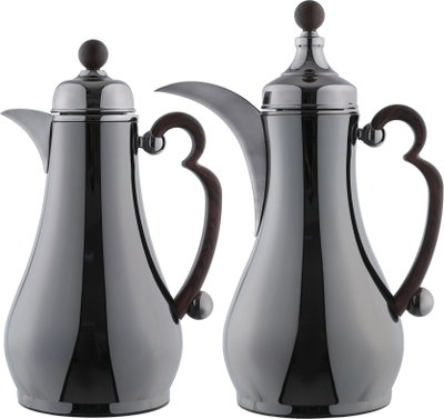 Al Saif Gallery Asalah Thermos Set, 2 pieces, 1/1 liter, glass interior, dark wood handle, push-button - black product image 2