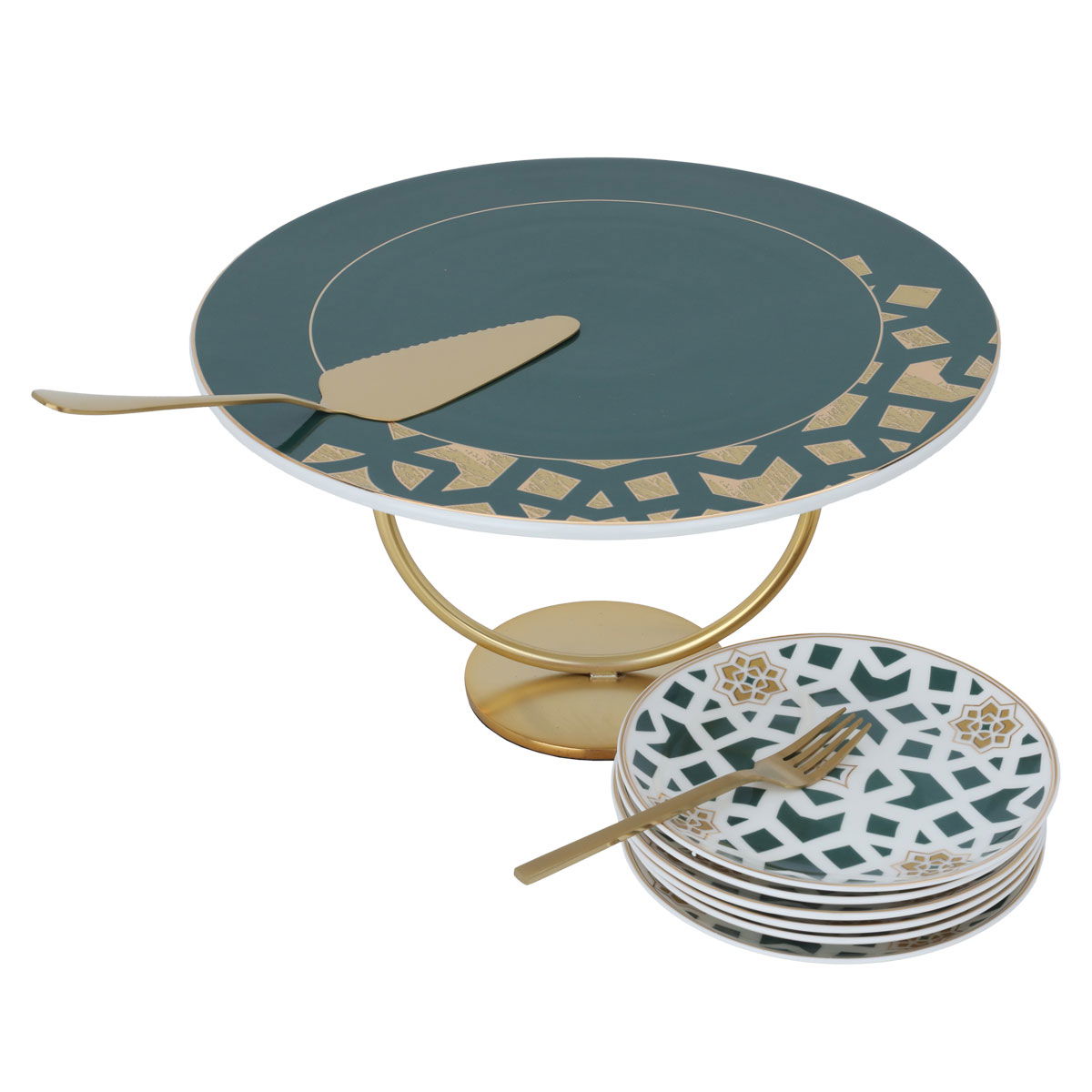 Al Saif Gallery porcelain cake serving set, green with gold-white pattern product image