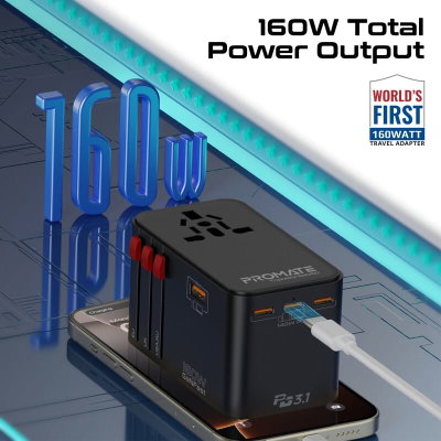 محول سفر مدمج بروميت تريب جان-160، 160 واط، 10 امبير، 4 منافذ - اسود product image 4