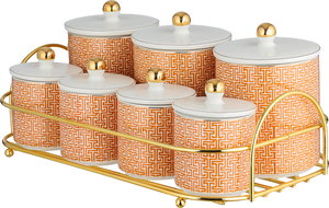 طقم علب بهارات مع استاند بورسلان ستانلس ستيل ون مور, 7 قطع، نقش برتقالي - ابيض ذهبي product image 2