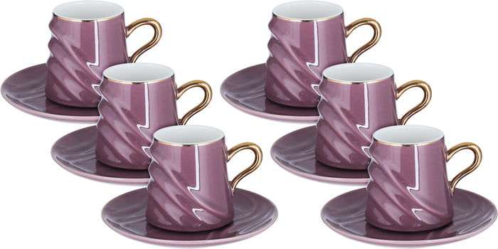 Al Saif Gallery porcelain coffee cup set, with golden font, with saucer, 12 pieces - purple product image 1