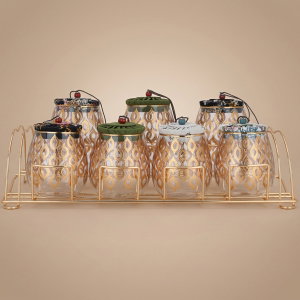 Al Saif Gallery glass spice jar set, with golden stand, 8 pieces - colored product image