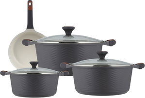 طقم قدور داي كاست الومنيوم روبوست، 7 قطع، غطاء زجاج، يد سيليكون - رمادي غامق product image