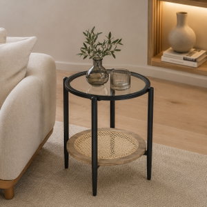 طاولة خدمة مفرد زجاج، 55×45×45 سم، رف داخلي خشب، رافعة معدن -أسود بني product image