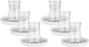 Al Saif Gallery glass tea iskanah set, with saucer, golden rose pattern, 12 pieces - transparent product image