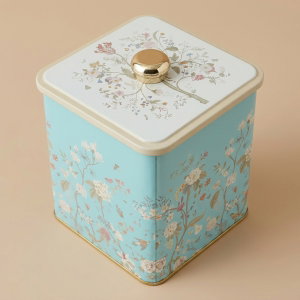 Al Saif Gallery Steel Storage Box, 120 x 120 x 137 mm, Floral Pattern - Light Blue product image