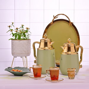 Al Saif Gallery Fatima thermos set, 1/0.7 liter, two pieces, thermal glass inner container, steel outer shell - light green product image 2