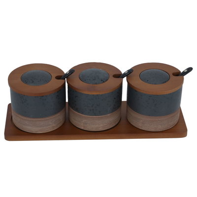 طقم علب بهارات رخام السيف غاليري، 3 قطع، غطاء، ستاند خشبي - بني product image 3