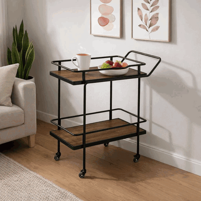 عربة تقديم الطعام خشب و معدن، 83×40×80 سم، 2 رف، عجلات دوارة 360 - بني product image 2