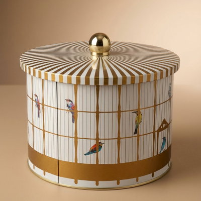 Al Saif Gallery steel can, 2.7 litres, round, with lid, bird pattern - white product image 1