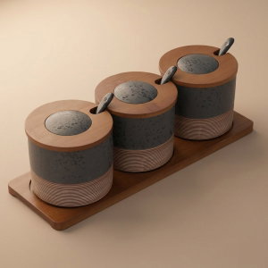 Al Saif Gallery marble spice box set, 3 pieces, lid, wooden stand - brown product image