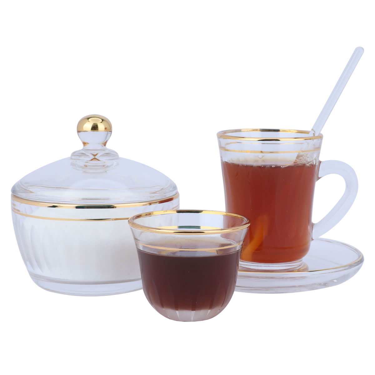 Al Saif Gallery glass tea and coffee serving set, 26 pieces, with golden lines - transparent product image