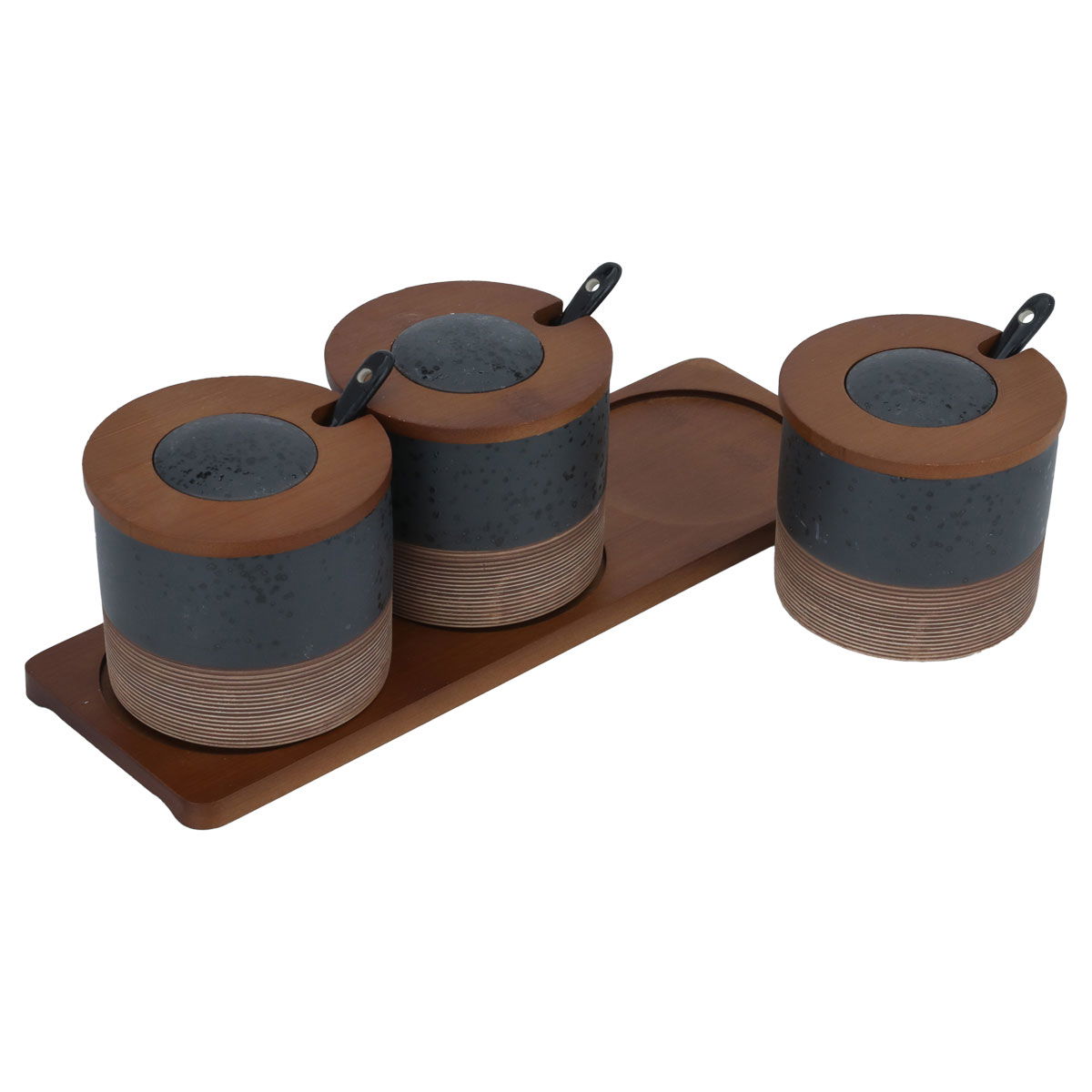 Al Saif Gallery marble spice box set, 3 pieces, lid, wooden stand - brown product image 3