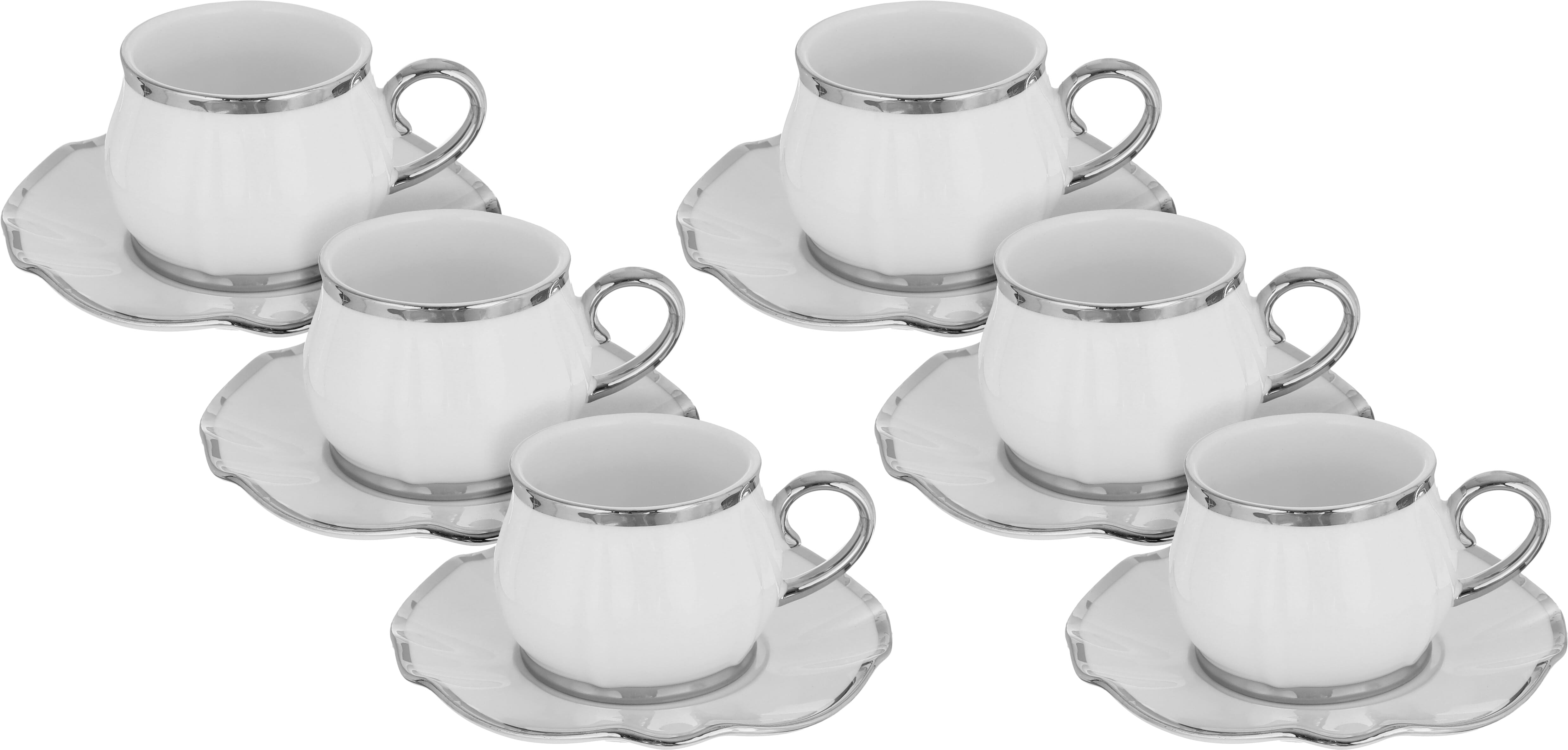Al Saif Gallery ceramic coffee cup set with saucer, 12 pieces, 90 ml, silver rims - white product image
