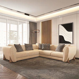 Modern L-shaped Swedish wood sofa, 300 x 300 cm, chenille fabric - beige product image