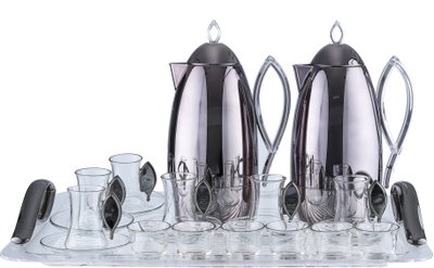 Al Saif Gallery Al Ola Thermos Set, 21 Pieces, with Serving Tray, Tea & Coffee Cups - Glossy Black product image 2