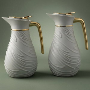 Al Saif Gallery Noor thermos set, 1/0.75 liter, golden handle, glass inner container, plastic outer shell - white product image