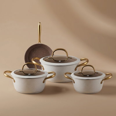 Rocky Granite Cookware Set with Glass Lid and Gold Handle, 7 Pieces - Beige product image 1