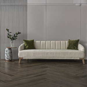 Modern Swedish wood sofa, 220x85x45 cm, Chanel fabric - light beige product image
