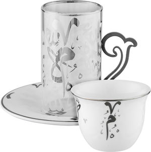 طقم بيالات زجاج و فناجين قهوة بورسلان السيف غاليري، 18 قطعة - شفاف ابيض product image