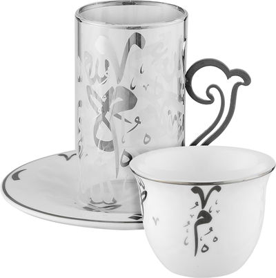 طقم بيالات زجاج و فناجين قهوة بورسلان السيف غاليري، 18 قطعة - شفاف ابيض product image 1